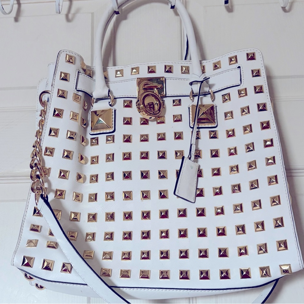 Michael Kors White and Gold Studded Handbag over ten years old